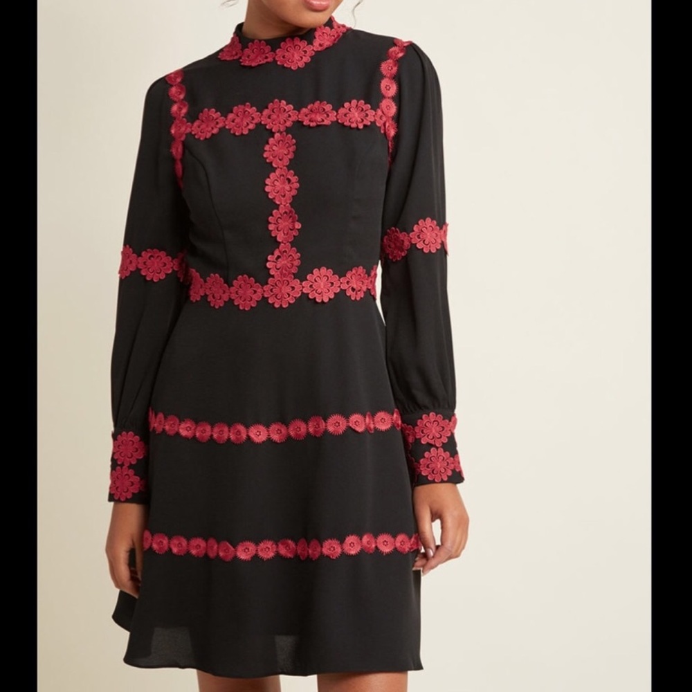 ModCloth Black Long Sleeve Dress with Pink Floral Trim